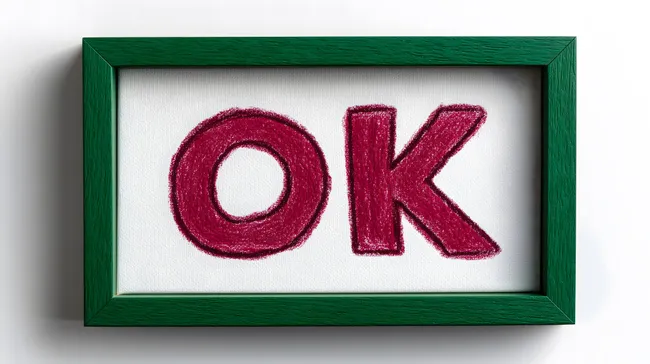 Holzgerahmtes OK-Schriftsymbol in Dunkelrot