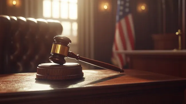 Holzhammer auf Gerichtstisch mit amerikanischer Flagge