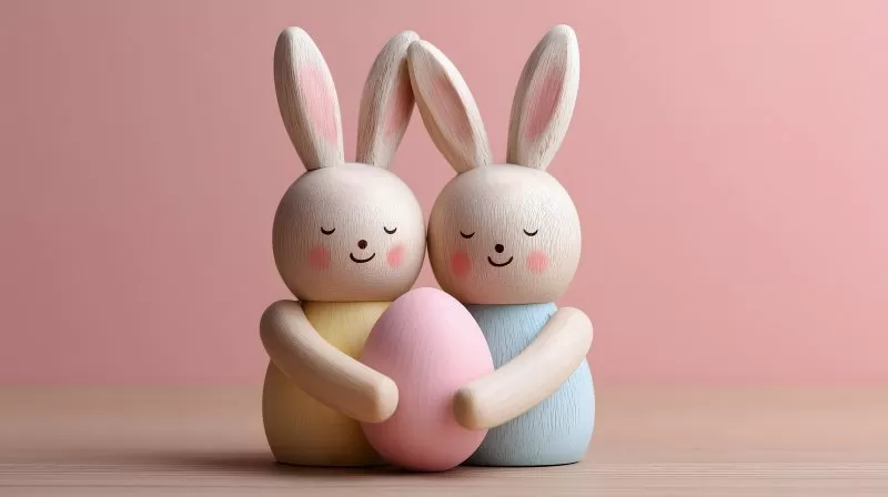 Holzhasen mit Osterei vor rosa Hintergrund