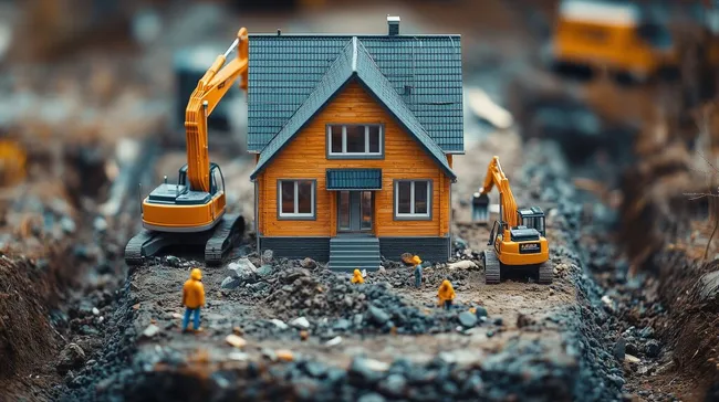 Holzhaus auf Baustelle mit Baumaschinen