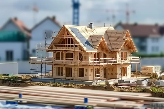 Holzhaus im Bau auf der Baustelle