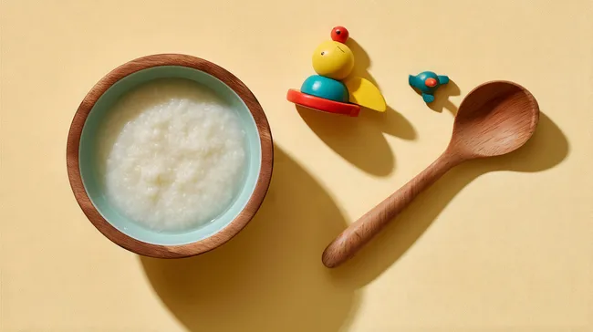 Holzige Babynahrung mit buntem Spielzeug auf gelbem Grund