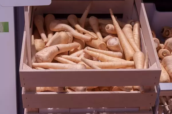 Holzkiste mit Pastinakwurzeln