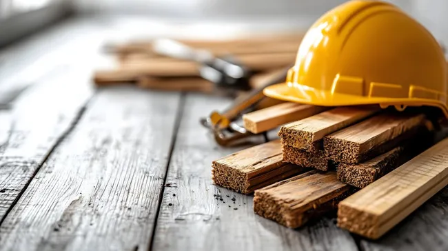 Holzkonstruktion und Bauhelm auf Holzbrett