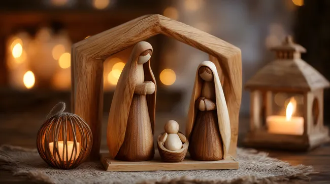 Holzkrippe mit Heiliger Familie bei Kerzenlicht