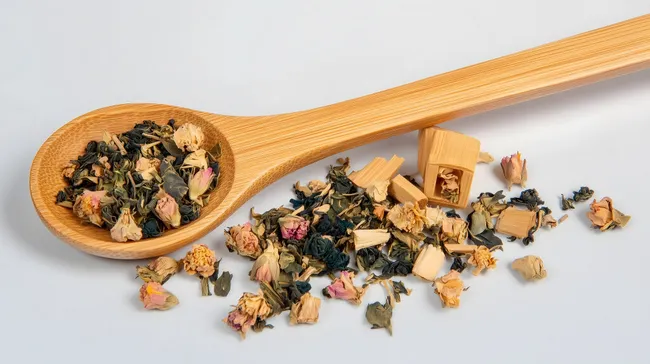 Holzlöffel mit aromatischem Kräutertee und Blüten