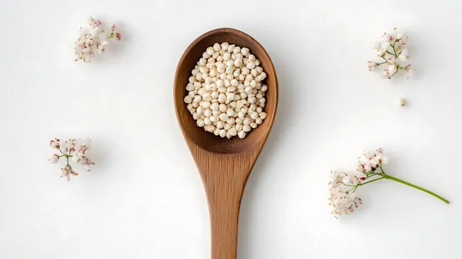 Holzlöffel mit frischen Buchweizenkörner und Blüten