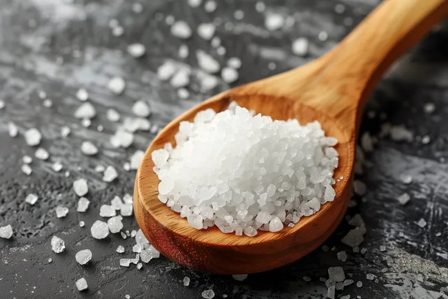 Holzlöffel mit Meersalz auf schwarzem Hintergrund