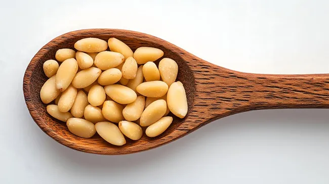 Holzlöffel mit Pinienkerne für gesunde Ernährung