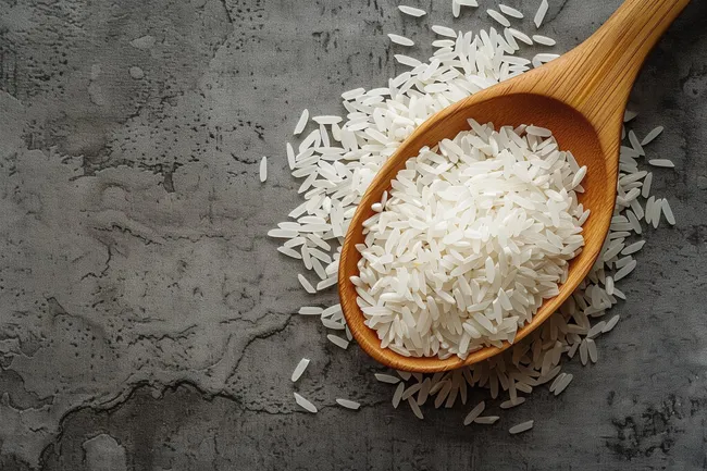Holzlöffel mit weißen Reiskörnern auf Betonoberfläche