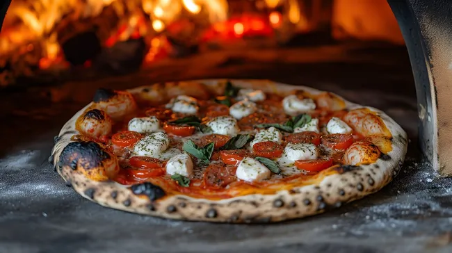 Holzofenpizza mit Mozzarella, Basilikum und Tomaten