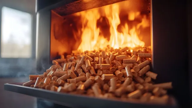 Holzpellets brennen in modernem Ofen für umweltfreundliche Heizung