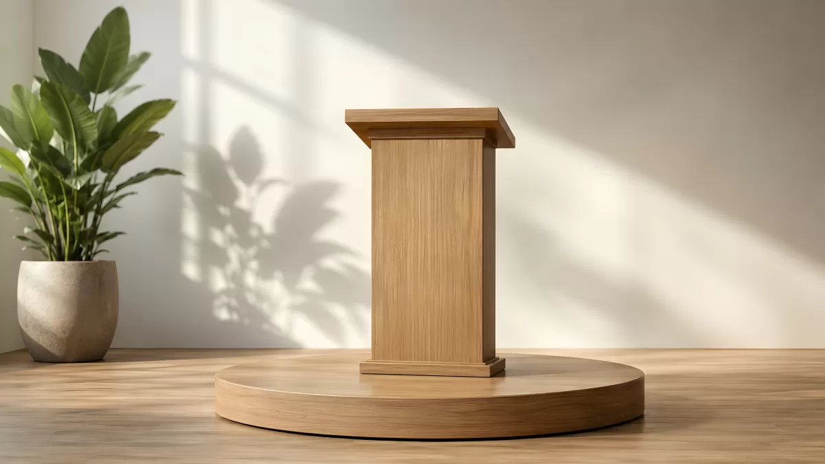 Holzpodest mit Rednerpult in hellem Minimalraum