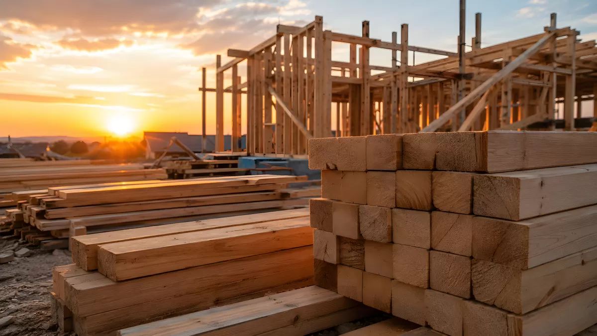 Holzrahmen im Rohbau bei goldenem Sonnenuntergang