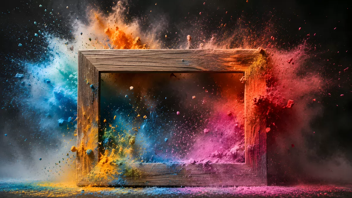 Holzrahmen mit explodierendem Farbpulver in allen Farben