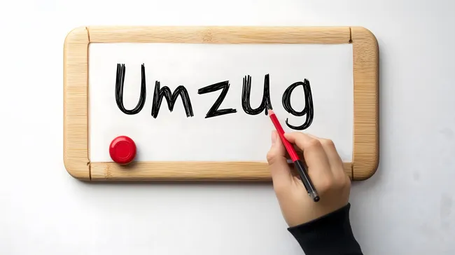 Holzrahmen mit Umzugsaufschrift auf weißer Tafel