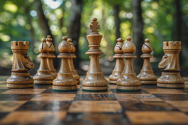 Holzschachfiguren im Wald