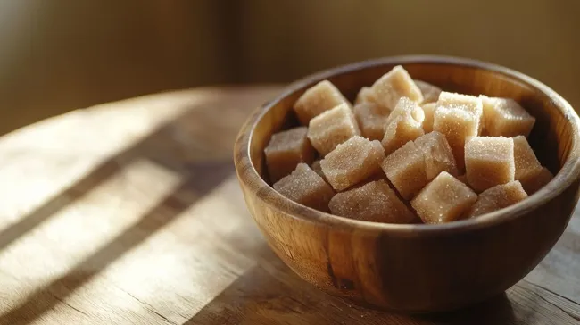 Holzschale mit braunen Zuckerwürfeln