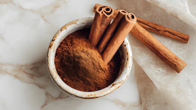 Holzschale mit frisch gemahlenen Zimtpulver und Zimt-Stangen