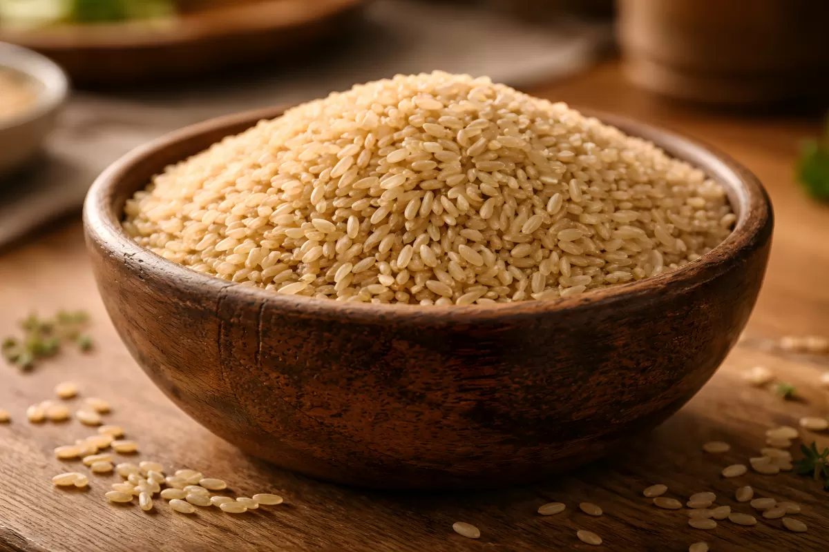 Holzschale voller brauner Reiskörner