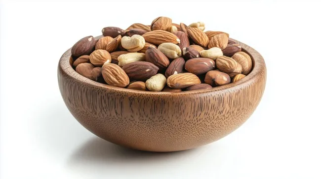 Holzschale voller ungesalzener Nüsse und Mandeln