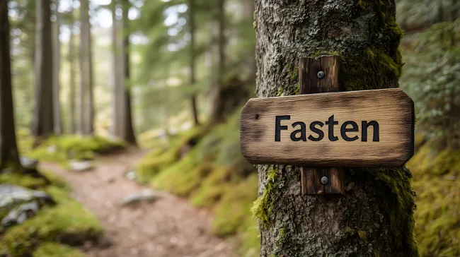 Holzschild 'Fasten' im herbstlichen Waldweg