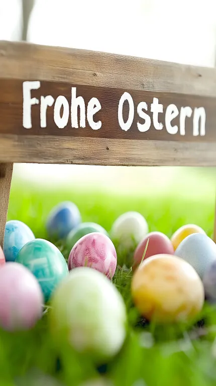 Holzschild mit Frohe Ostern und bunten Ostereiern im Gras