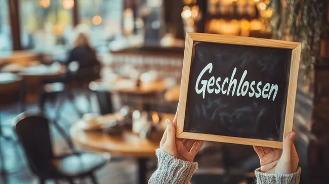 Holzschild mit Schriftzug 'Geschlossen' in gemütlichem Café
