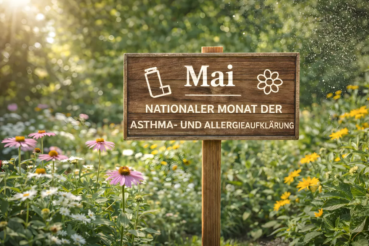 Holzschild zum Nationalen Asthma- und Allergiemonat Mai