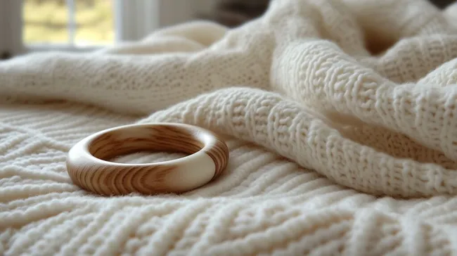 Holzschmuckstück auf kuschelig-weißem Wolldeckenhintergrund