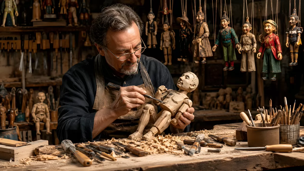 Holzschnitzer erschafft handgefertigte Marionette im Atelier