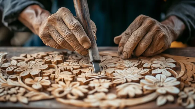 Holzschnitzerei: Handwerker formt detailreiche Blumenmuster