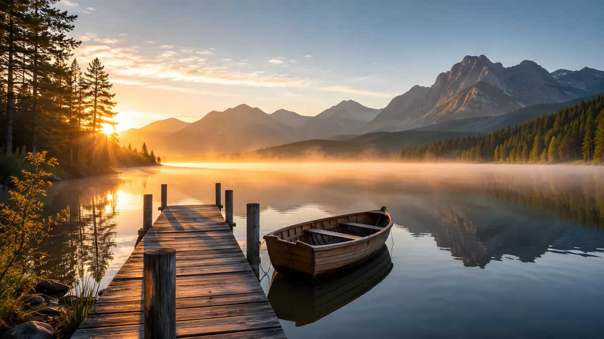 Holzsteg am Bergsee bei goldenem Sonnenaufgang