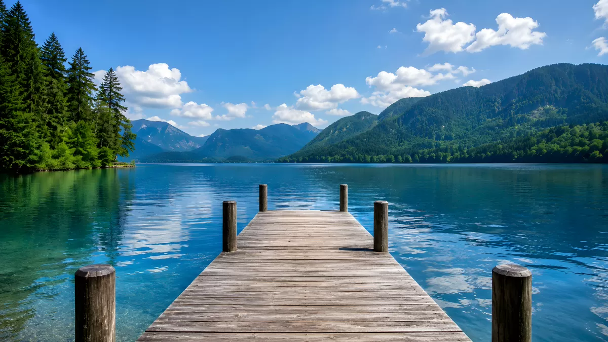 Holzsteg an einem Bergsee mit klarem Wasser