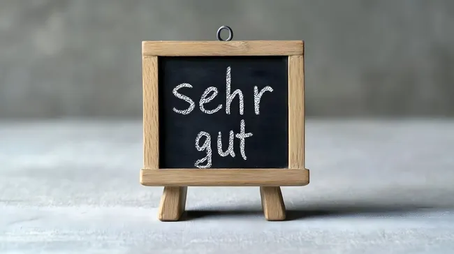 Holztafel mit Aufschrift 'sehr gut' - Kreidehandschrift auf Schiefertafel