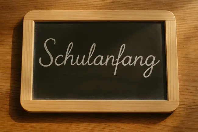 Holztafel mit handgeschriebenem Schriftzug 'Schulanfang'