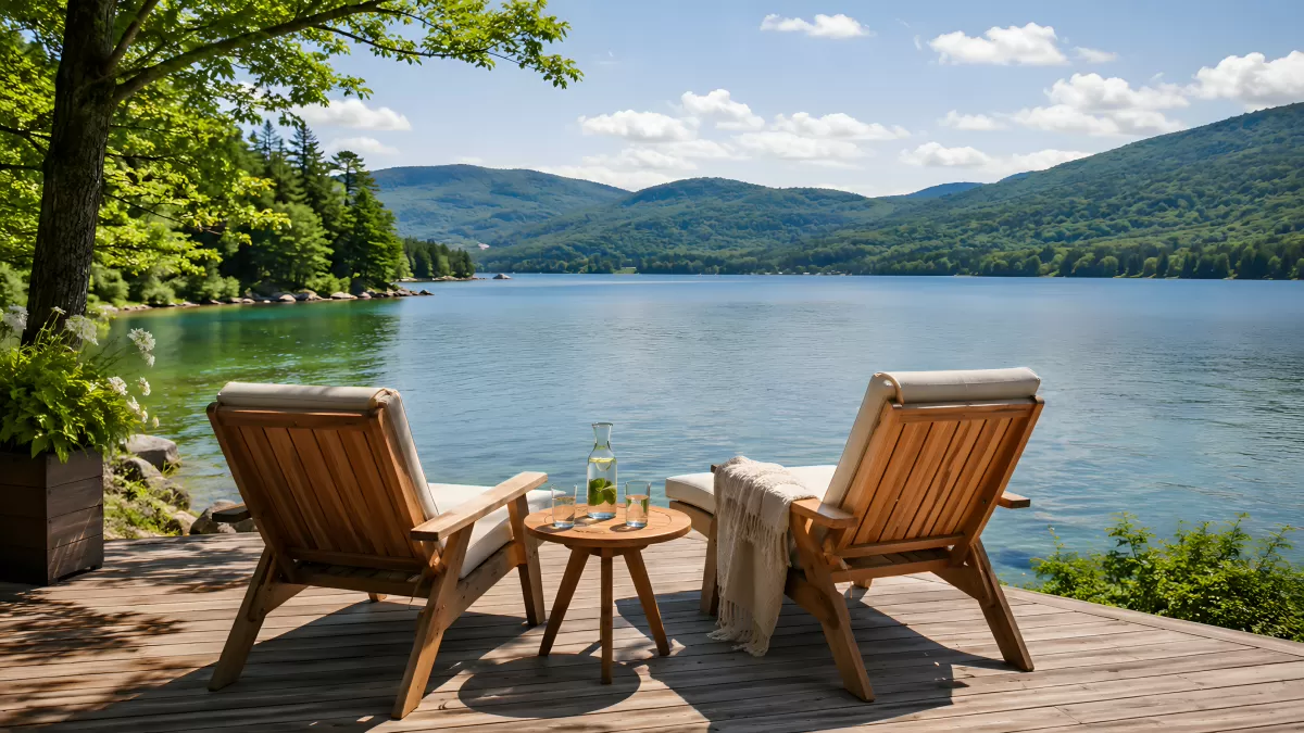 Holzterrasse mit Liegestühlen am ruhigen Bergsee