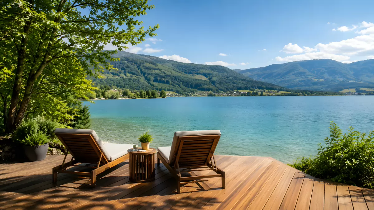Holzterrasse mit Liegestühlen am türkisblauen Bergsee