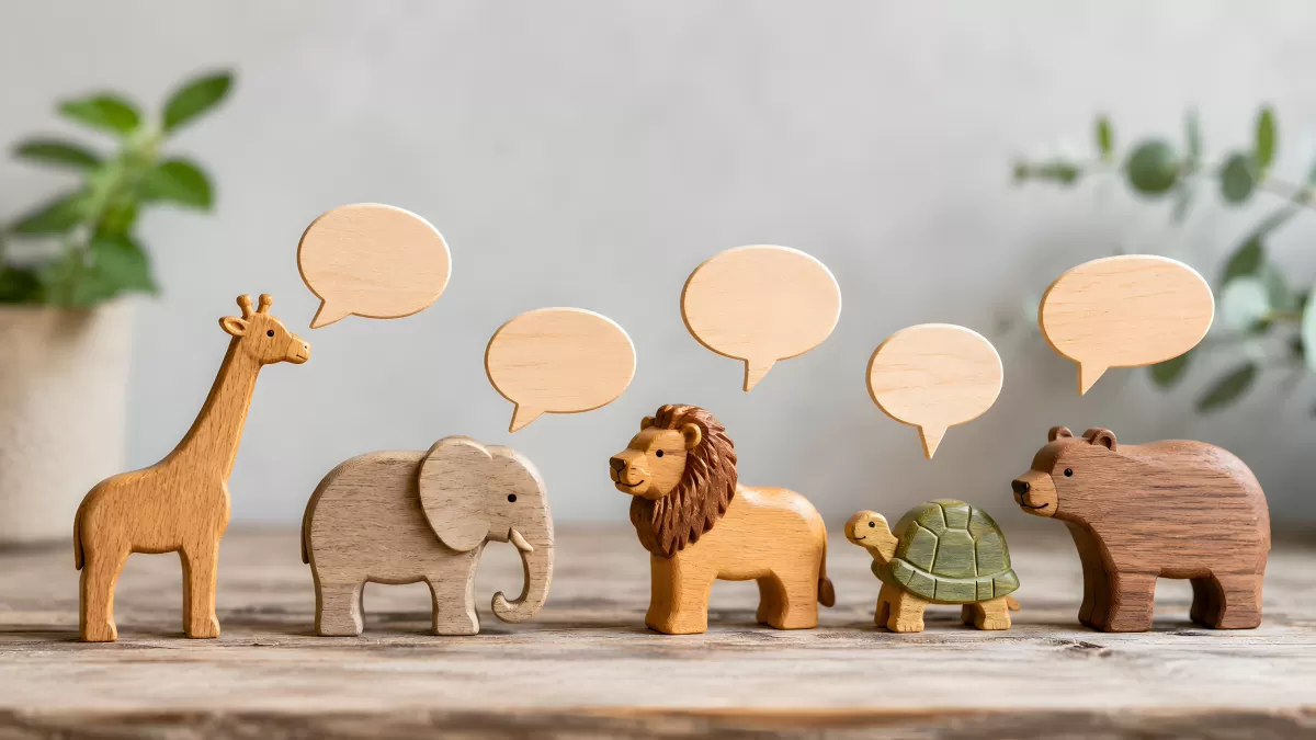 Holztier-Figuren mit Sprechblasen auf Holztisch