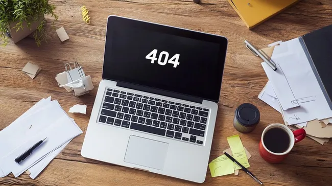 Holztisch mit 404-Fehlerbildschirm und Kaffeetasse