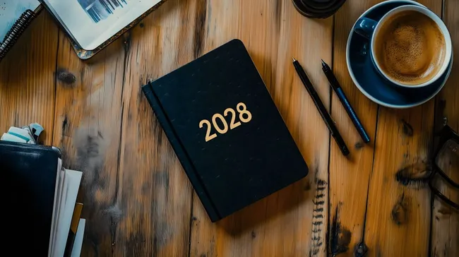 Holztisch mit Kaffee, Notizbuch und Stiften