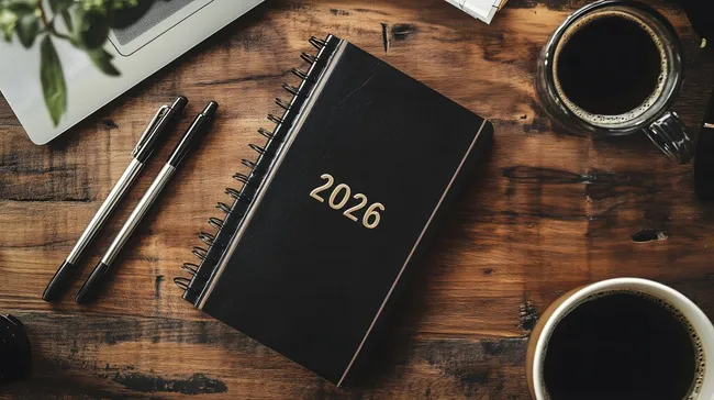 Holztisch mit Tageskalender, Kaffee und Bürobedarf