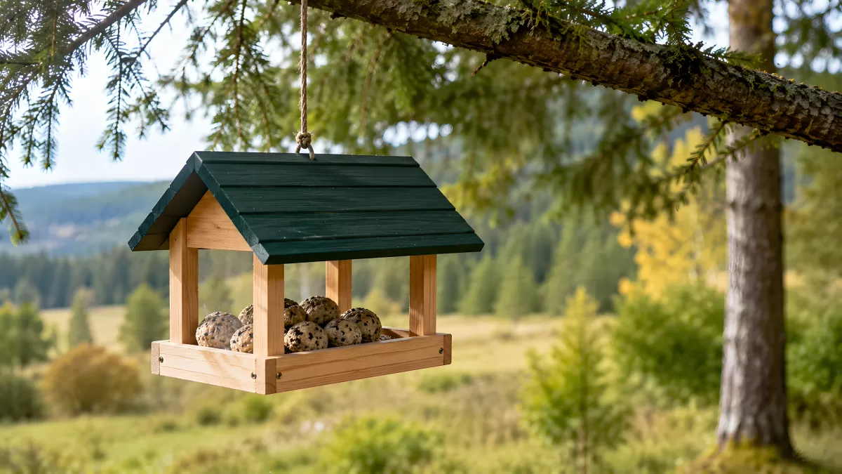 Holzvogelhaus mit Meisenknödeln hängt am Baum
