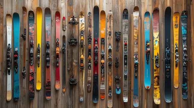 Holzwand voller farbenfroher Vintage-Ski