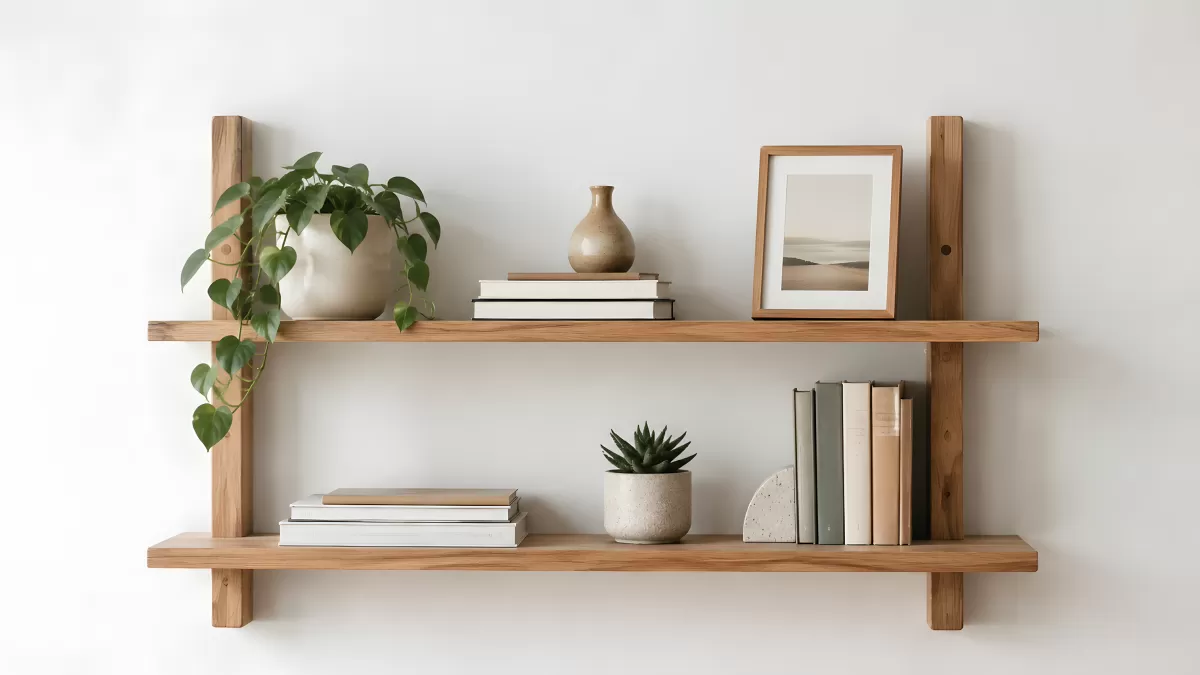 Holzwandregal mit Pflanzen, Büchern und Deko
