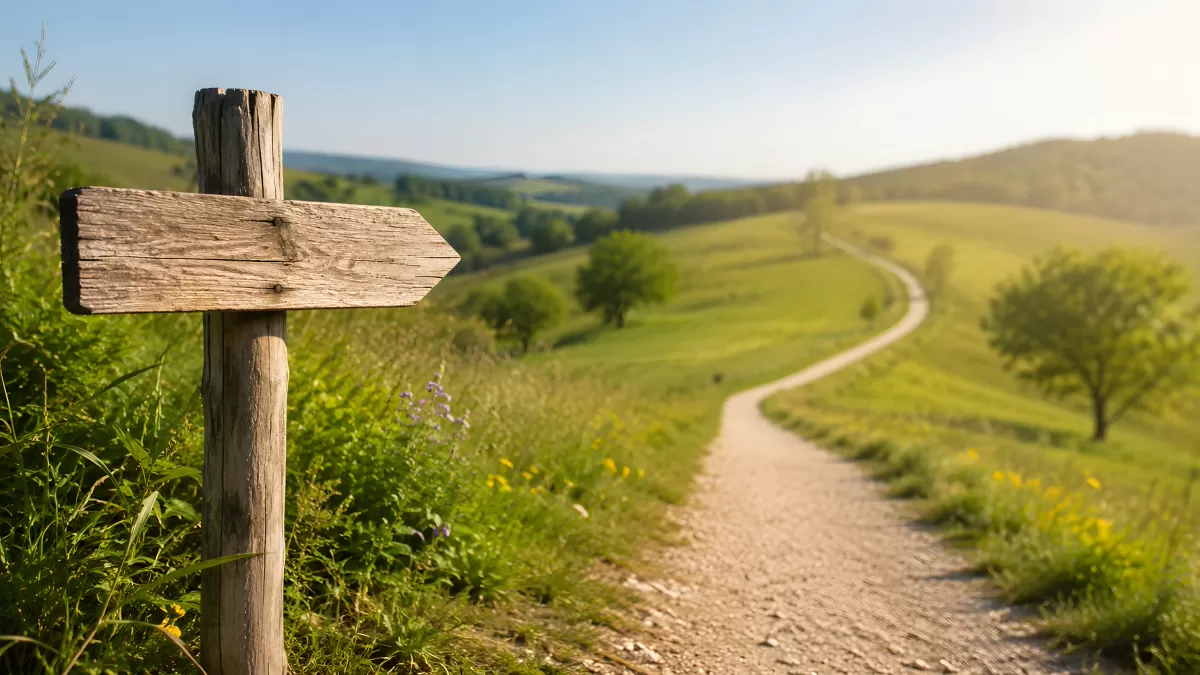 Holzwegweiser an einem Feldweg durch grüne Hügel