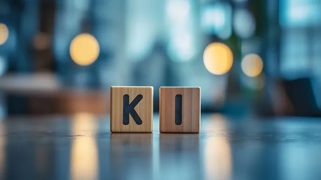 Holzwürfel mit Buchstaben 'KI' auf verschwommenen Hintergrund