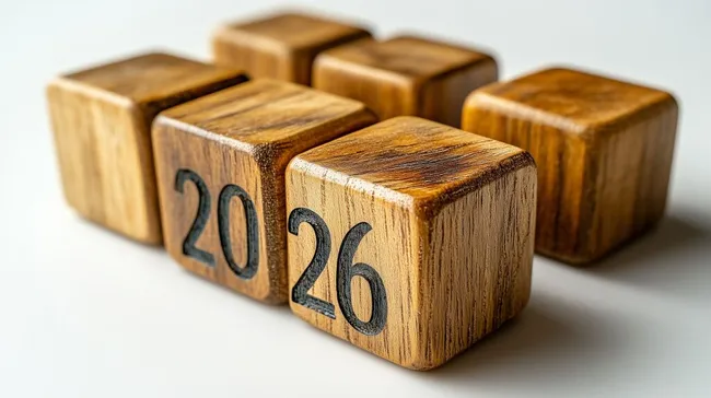 Holzwürfel mit der Aufschrift 2026 auf weißem Hintergrund