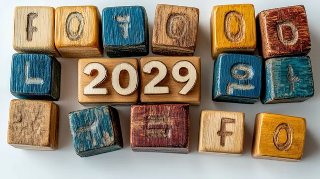 Holzwürfel mit der Jahreszahl 2029 auf weißem Hintergrund