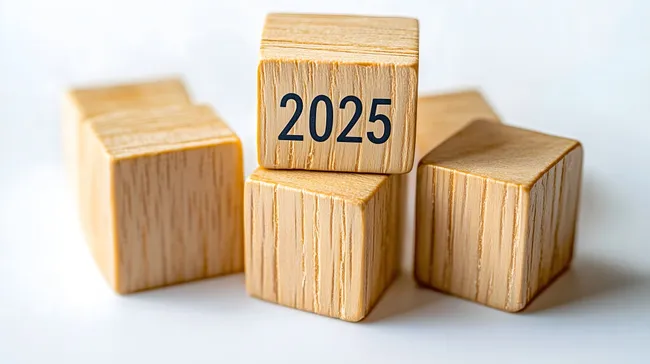 Holzwürfel mit der Zahl 2025 als Minimalistische Grafik